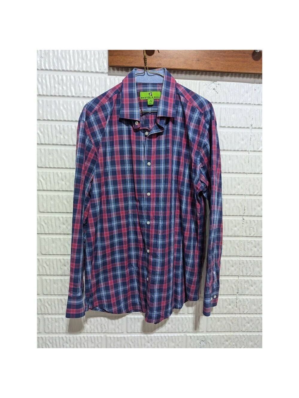 Bristol & Bull Men's Blue Hot & Pink Plaid Button-Down Shirt Size M 15/15.5 Slee